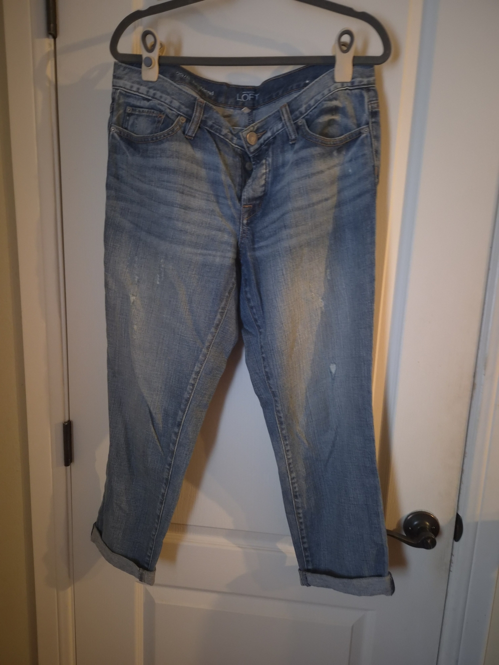 LOFT Distressed Light Blue Boyfriend Buttonup Cropped Jeans